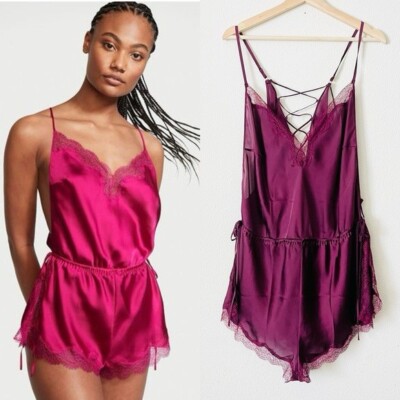 XXL Victoria s Secret maroon satin laceup back sleeveless romper