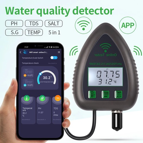 Rilevatore qualità acqua digitale WiFi 5 in 1 tester salinità TDS EC SG TEMP PH Meter - Foto 1 di 17