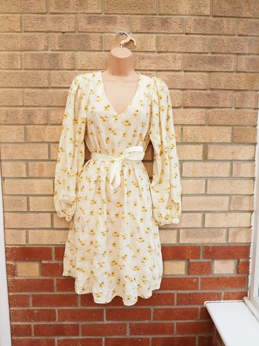 VILA CREAM YELLOW DAISY FLORAL TEXTURED LONG SLEEVE SMOCK A LINE DRESS 8 10 S - Picture 6 of 8