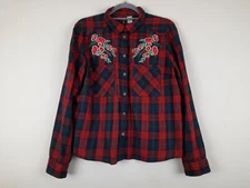 Divided H&M  Size 12 Women's Plaid Floral Embroidered Long Sleeve Top Blouse