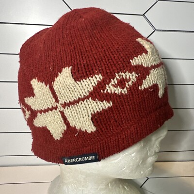 Abercrombie Fitch Vintage Snowflake Beanie Hat Y2K Knit Wool Red