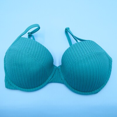 Victorias Secret Large - DD Blue Ribbed Underwired Push Up Bikini Top Padded New