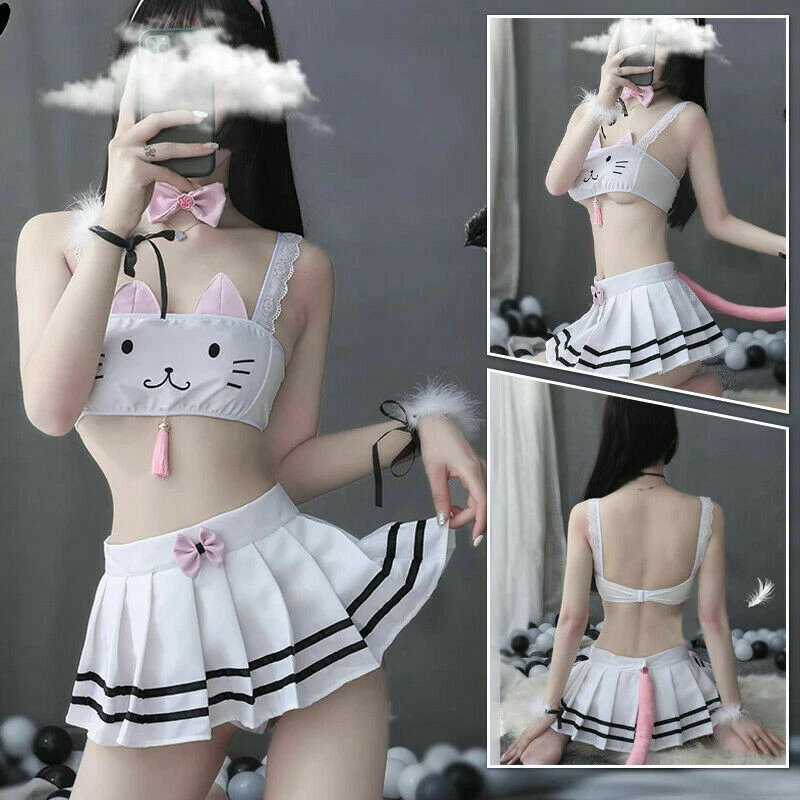 Sexy Gato Cosplay Disfraz Lencería Conjunto Anime Niñas Traje de Baño Lolita Sujetador Panty Traje Foto 2 de 4