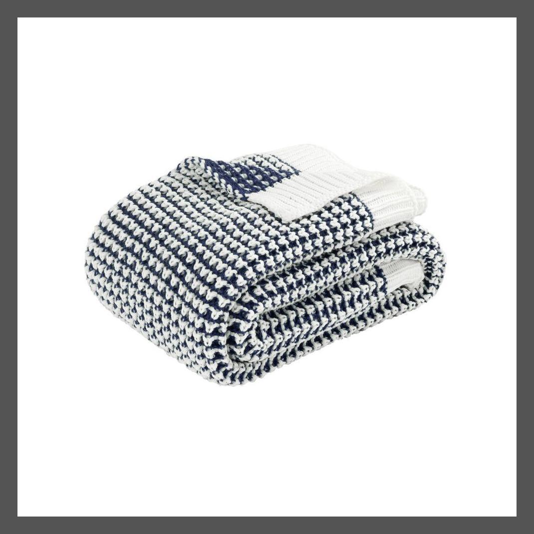 Lush Decor 60x50 Farmhouse Solid Knitted Ribbed Border Chic Throw Blanket, Navy