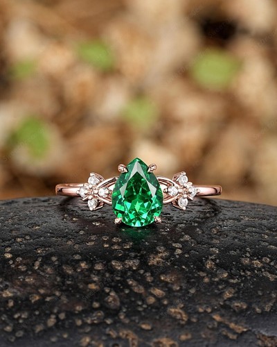 18K Rose Gold Plated 925 Silver Natural Green Garnet Pear Cut Ring Set for Her - Picture 6 of 7