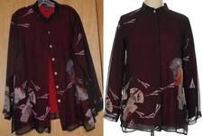 Citron Santa Monica Silk Mandarin Duster-Jacket XL Fans Print, Lined in Red Silk