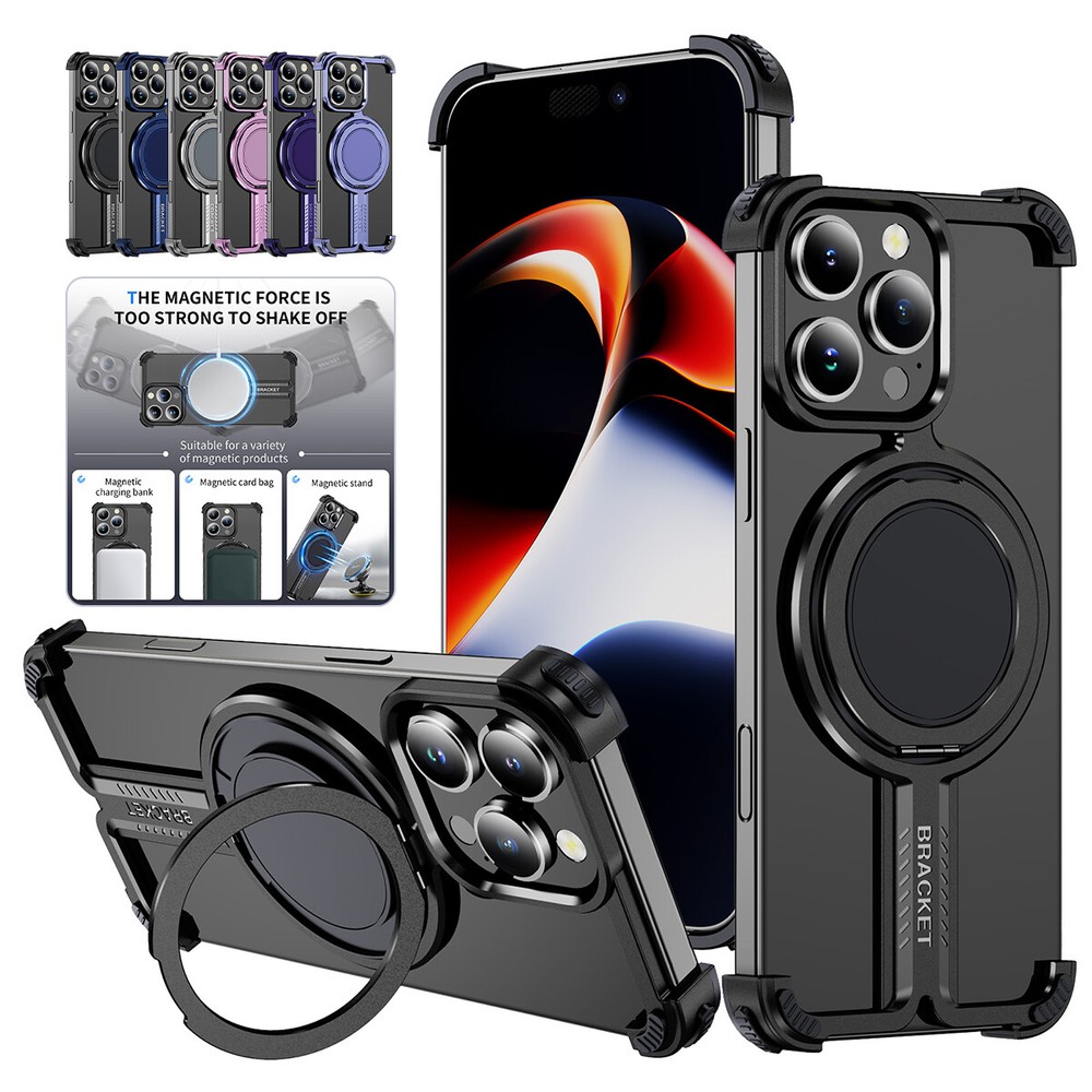 for iPhone 16 15 14 13 12 Pro Max Metal Frameless Stand MagSafe Magnetic Case