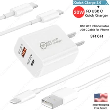 20W PD QC 3.0 Fast Wall Charger USBC Power Adapter For iPhone 13 12 11 USB Cable