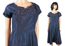 50s Cocktail Gown M L Vintage Dark Blue Taffeta Rhinestones Pearls Prom Dress