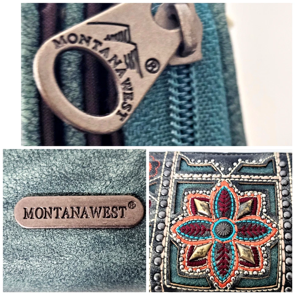 Cartera Montana West Azteca Tachuelas Floral Bordado Glamour Verde Azulado 7.2" L X 4" H Foto 4 de 4