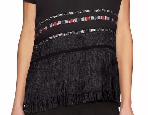 Twelfth Street Cynthia Vincent Embroidered Fringe Top Size S Black V-neck Loose - Picture 2 of 12