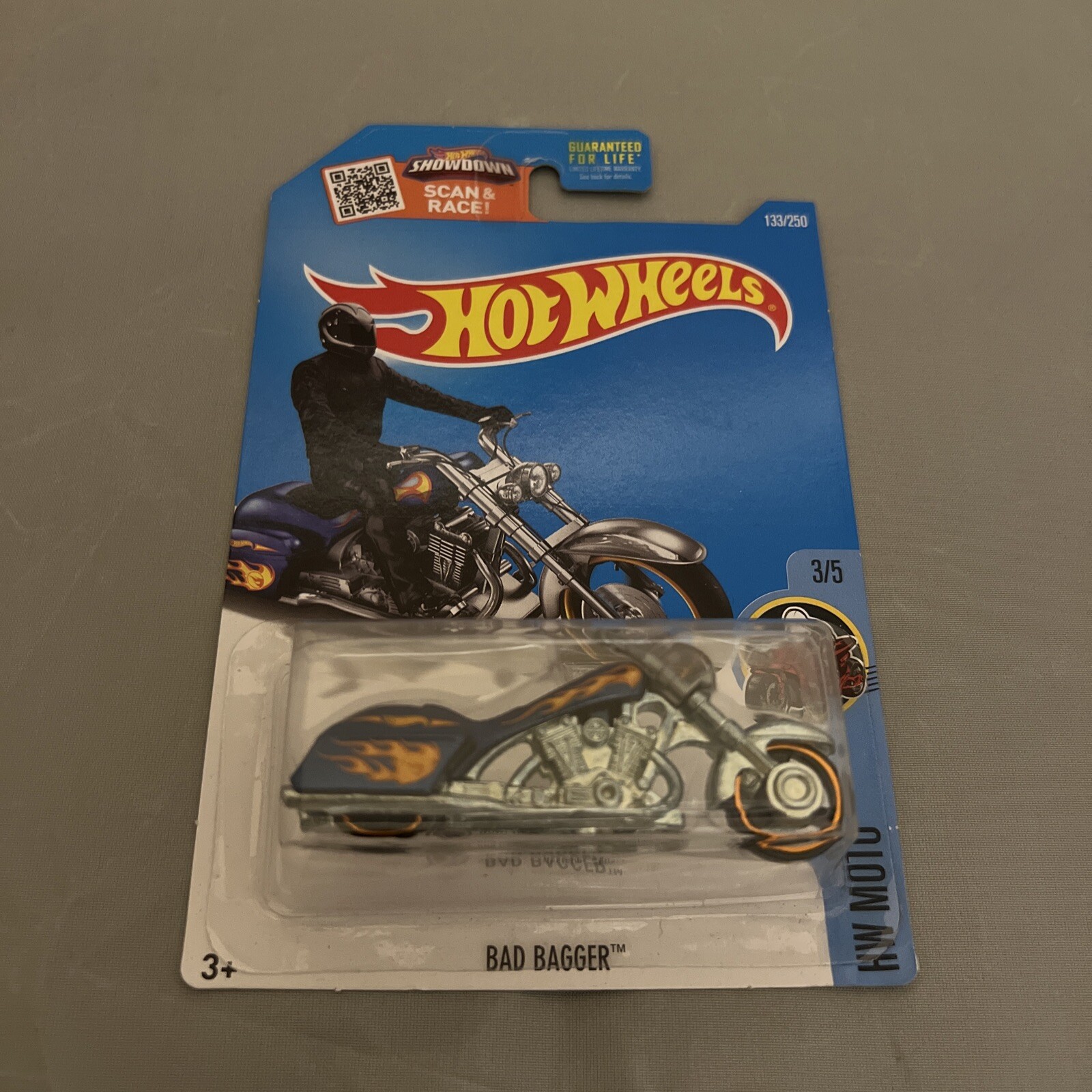 2016 Hot Wheels Treasure Hunt #133 HW Moto 3/5 BAD BAGGER W/Protector BAD CARDS