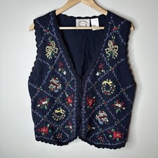 Vintage Erika Classic Womens Blac Ramie Cotton Embroidered Bow Floral Vest Sz L