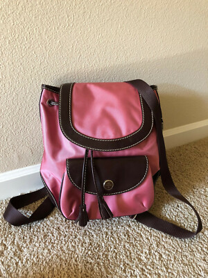 Lancel Leather Trim Backpack Bag Pink Nylon Canvas Flap Top Size Medium 