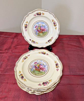 Set of 6 Antique Copeland Spode England Rose Basket Dinner Plates
