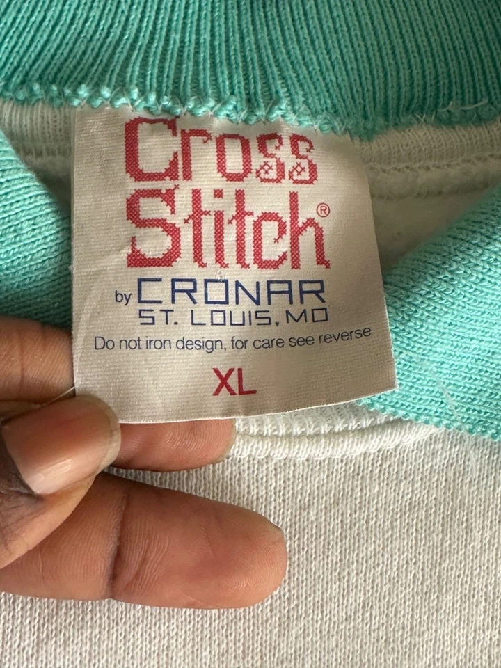 Sudadera Vintage Punto de Cruz Estampado Golf Con Cuello XL Blanco Verde Azulado Hecha en EE. UU. Foto 4 de 4