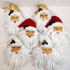 VTG Santa Head Christmas Ornament 6pc Lot Plastic Face Yarn Beard Red Gold White