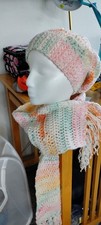 Flirty Autumn Pastel Beige -Calico Beanie with Scarf Crochet Handmade