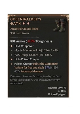 Diablo 4 S14 Greenwalker's Oath 2GA 37% Unique Boots Item Druid Gear Equipment