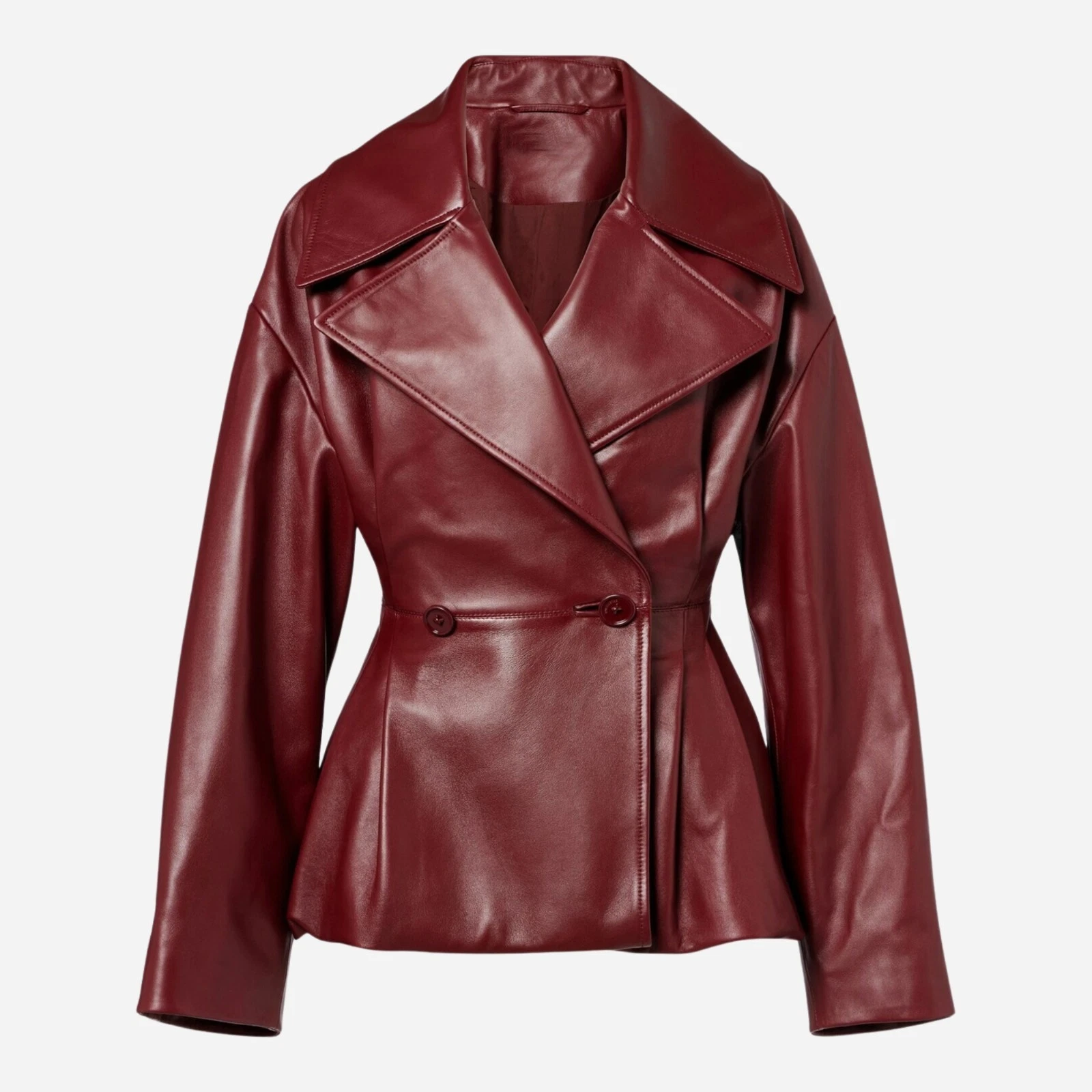 Women Lambskin Leather Peplum Blazer Burgundy Tailored Wrap Jacket