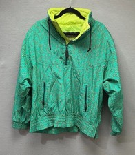 Kaelin 1980s Vintage Ski Jacket Women 10 Neon Yellow Aqua Shoulder Pads 1/4 Zip