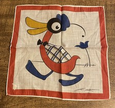1940s Designer Signed Tom Lamb Children’s Handkerchief Duck In Hat & Bow Tie
