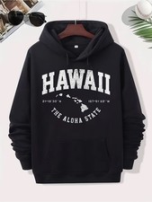 Men'S Hawaii Hawaiian Islands State Map Hoodie - Black with White Print, All-Com
