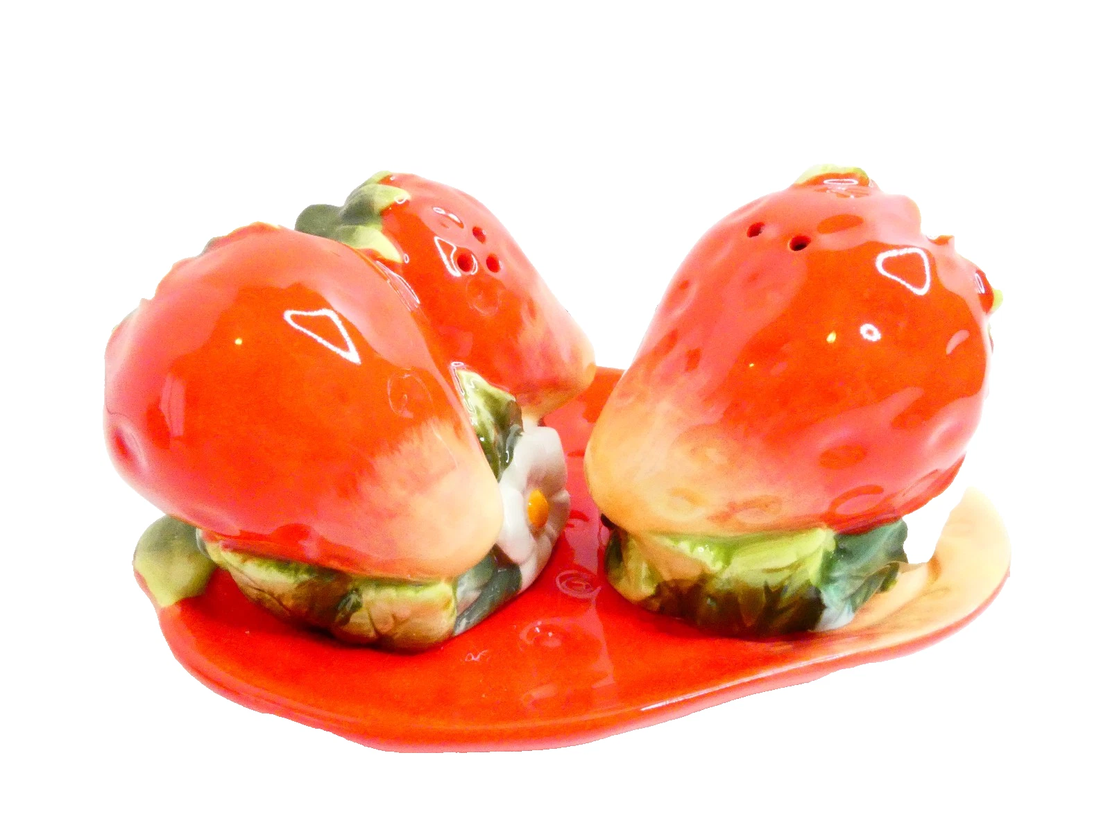 Strawberry Salt & Pepper Shakers on Dish Red