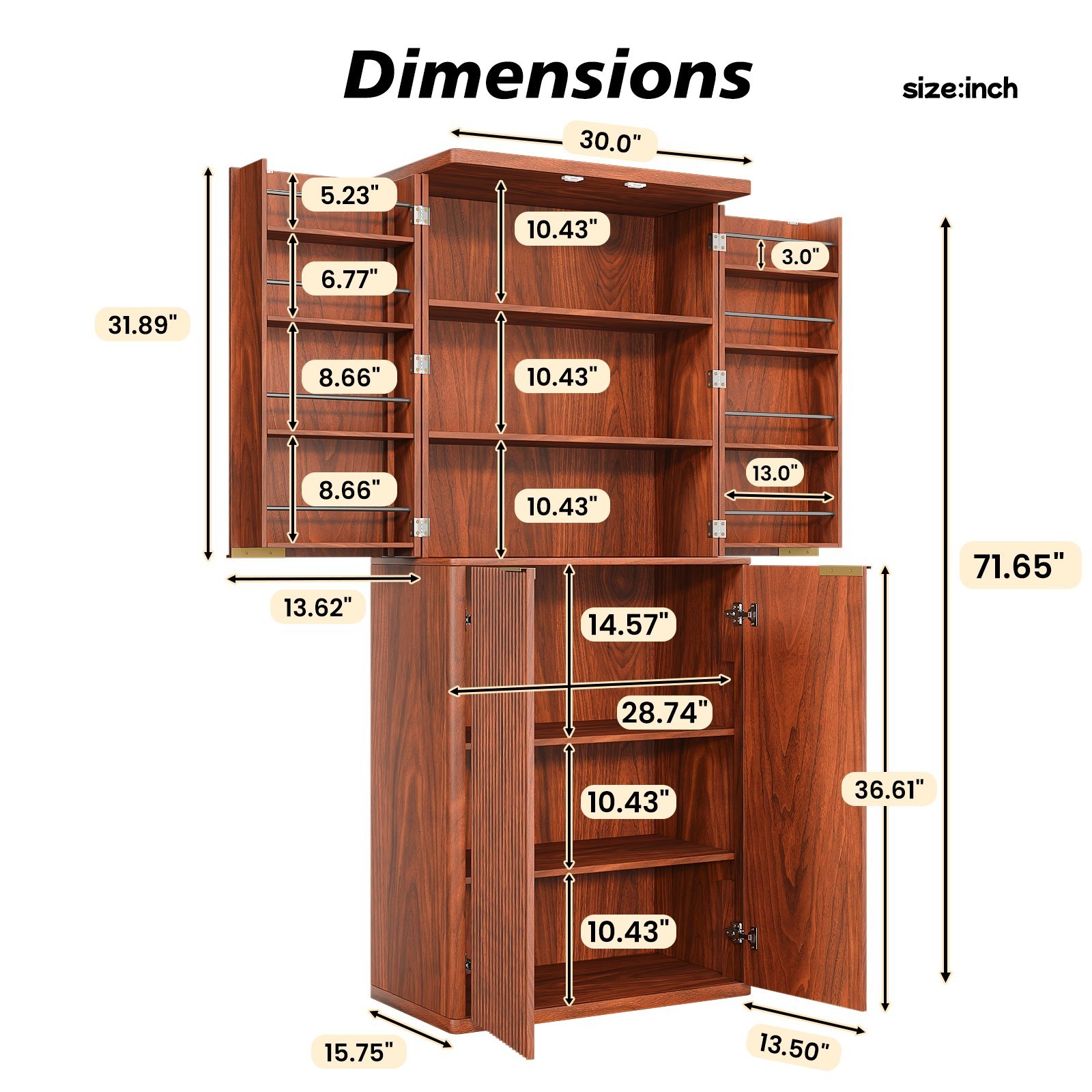 72" Fluted Wood Pantry Cabinet 6 Doors Shelves Kitchen Storage Organizer