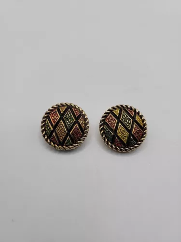 Vintage Sarah Coventry Mosaic Earrings Antique Gold Multi Colored Clip-on 1970s 