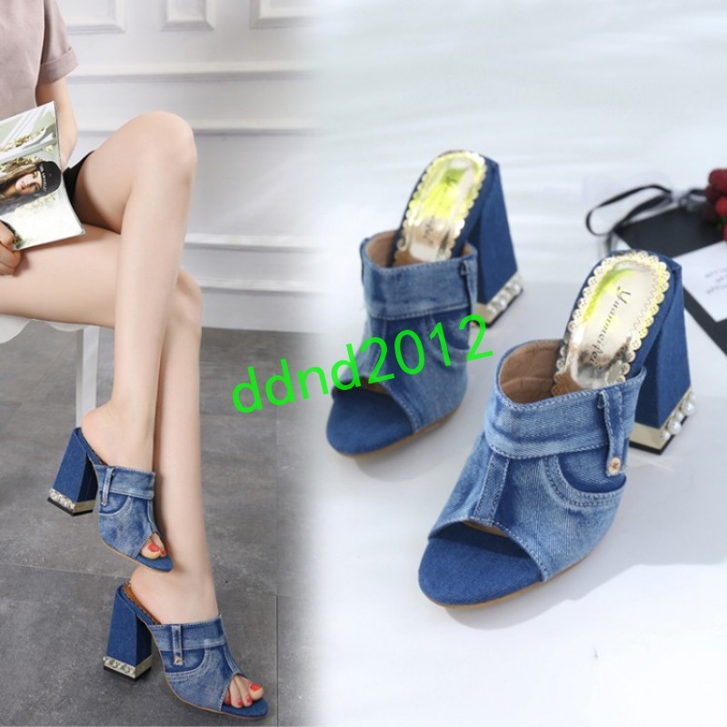 Summer New femmes femmes femmes Peep-toe Slip On Denim Leather Block Heel Sandals Slippers ae1260 Summer New femmes femmes femmes Peep-toe Slip On Denim Leather Block Heel Sandals Slippers ae1260
