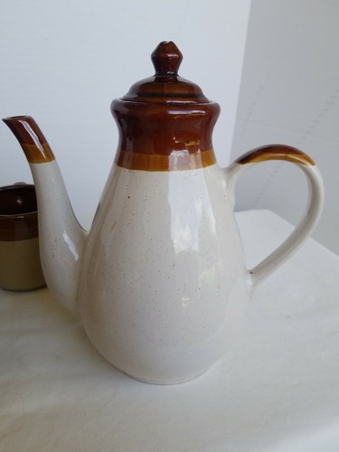Vtg Taiwan Three Tone Brown Pottery Coffee Pot 6 Cups Creamer & Sugar Bowl w/Lid - Picture 5 of 8