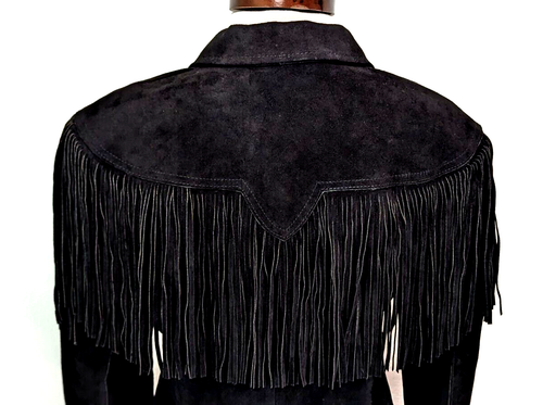 Chaqueta recortada negra de colección PIONEER WEAR para mujer con flecos occidentales gamuza EE. UU. talla 10 Usada en excelente condición* - Imagen 9 de 12