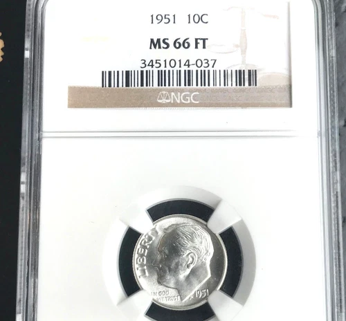 1951 P   ROOSEVELT DIME NGC MS 66 FT   (FB FULL TORCH BAND)        BRIGHT    W98