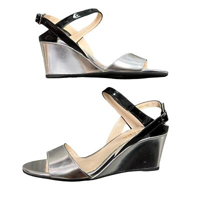 Prada Metallic Silver & Black Slingback Adjustable Wedge Prada Metallic Silver & Black Slingback Adjustable Wedge