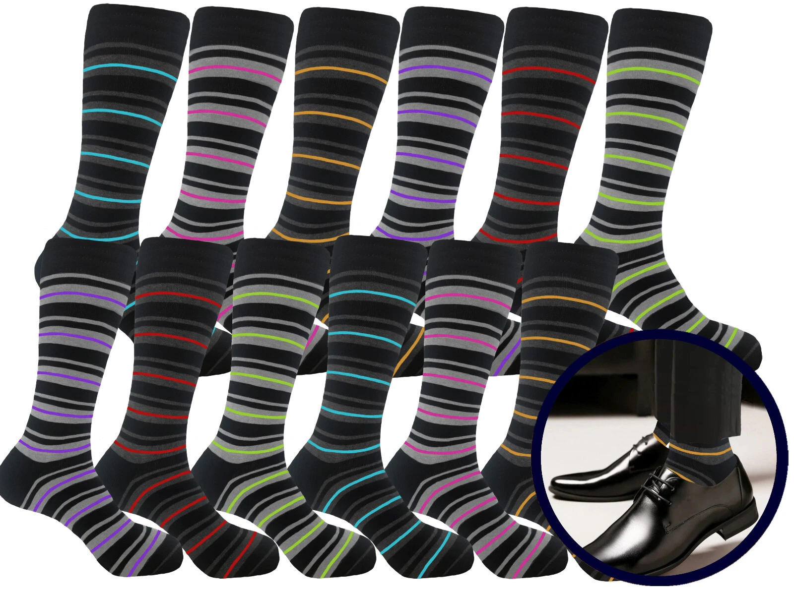 12 PAIR STRIPED SOCKS COTTON MULTICOLOR FIRST QUALITY MEN'S DRESS SOCKS 10-13