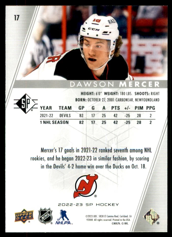 2022-23 SP Hockey Dawson Mercer #17 - Image 2 of 2