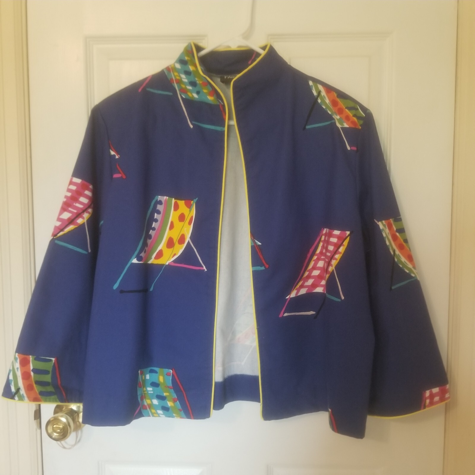 Giacca blazer colorata audace sedie da spiaggia blu giallo pony dipinte taglia XLarge