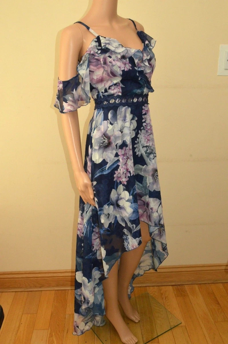 New Lipsy Floral Tropical Ruffle Navy Cold Shoulder Maxi Dress Sz UK 6 8 10