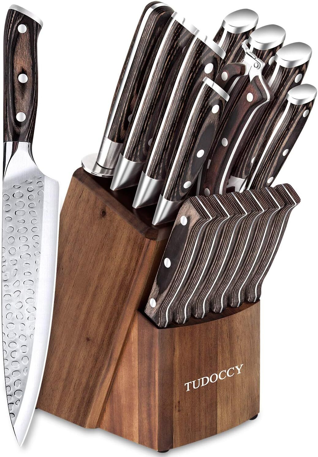Kitchen Knife Set, 16-Piece Knife Set with Built-in Sharpener and Wooden Block