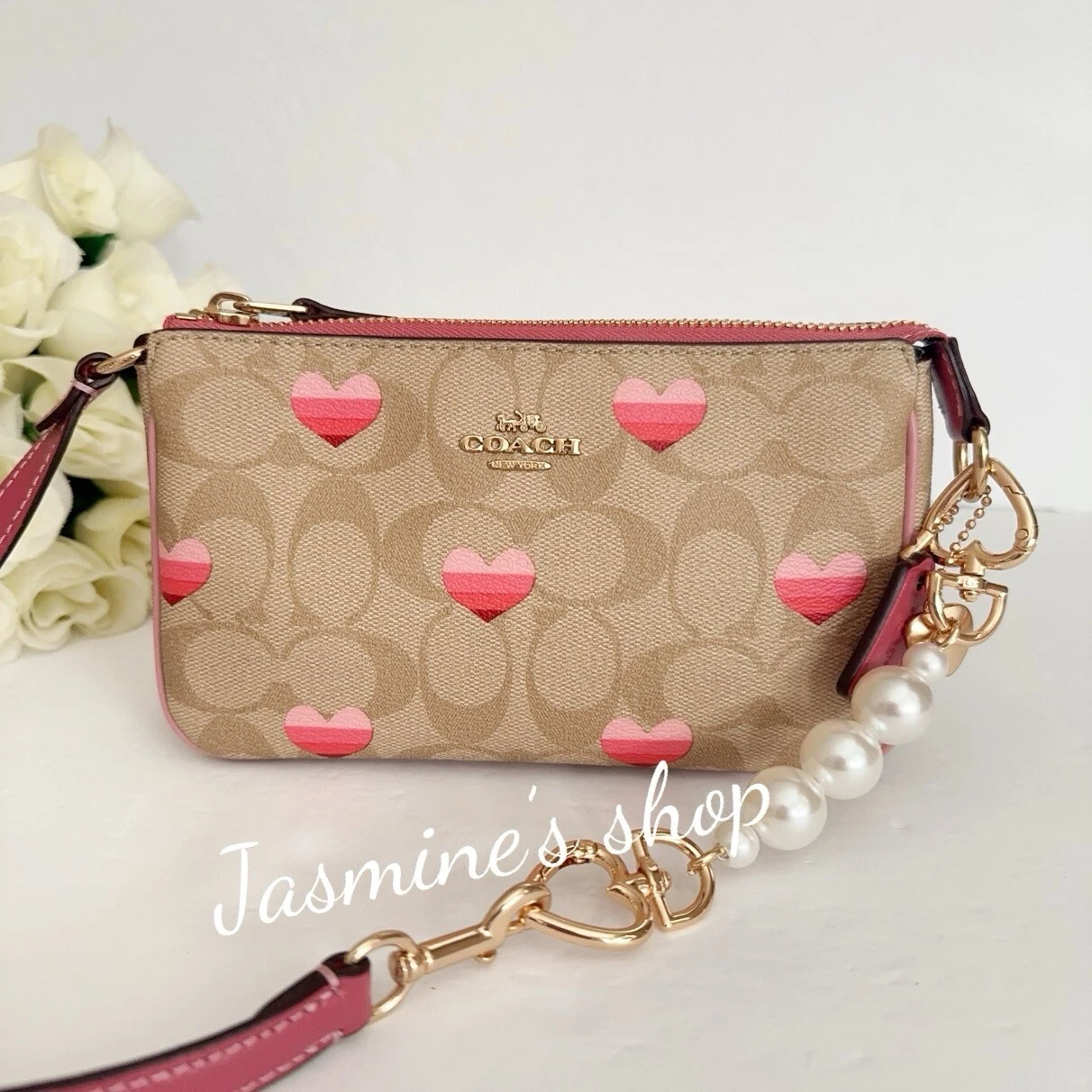 Coach Nolita 19 in tela firmata nuova con etichette con stampa cuore a righe CA796