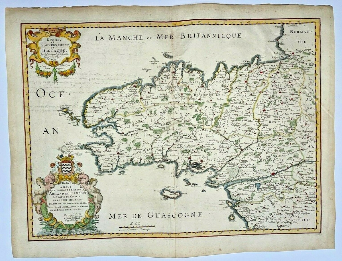 BRETAGNE FRANCE 1650 NICOLAS SANSON D'ABBEVILLE LARGE ANTIQUE MAP