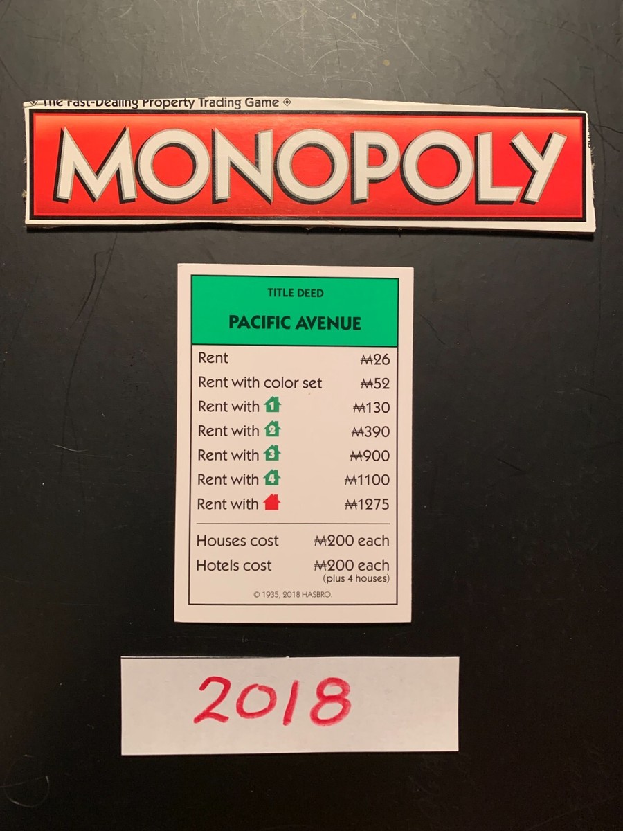 Monopoly 2018 PACIFIC AVENUE Title Deed Card Replacement