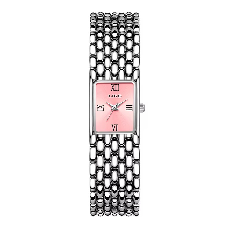 Montre à quartz carrée plaquée or rose pour femme élégante avec cadran épuré
