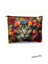 Colorful Cat Floral Graphic Cosmetic Bag Toiletry Pencil Pouch Zip Organizer