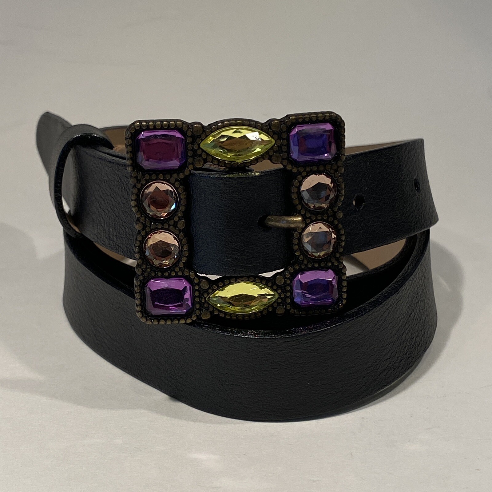Women's Talbots Italy Black Leather Belt Size SMALL Jeweled Rhinestone Buckle