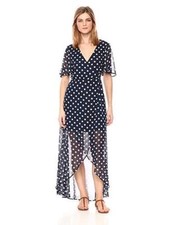 SHOW ME YOUR MUMU SIZE SMALL 2/4 NAVY & WHITE POLKA DOT MARIANNE WRAP MAXI DRESS