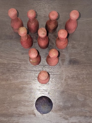 Antique Ten Pin Tabletop Bowling Game- 1930's Wooden Table Bowling 1 ball - Picture 2 of 2