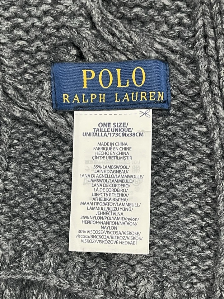 Polo Ralph Lauren Bufanda Corderos Mezcla de Lana Gris Tejido con Cable Unisex ~80” x ~15” Foto 4 de 4