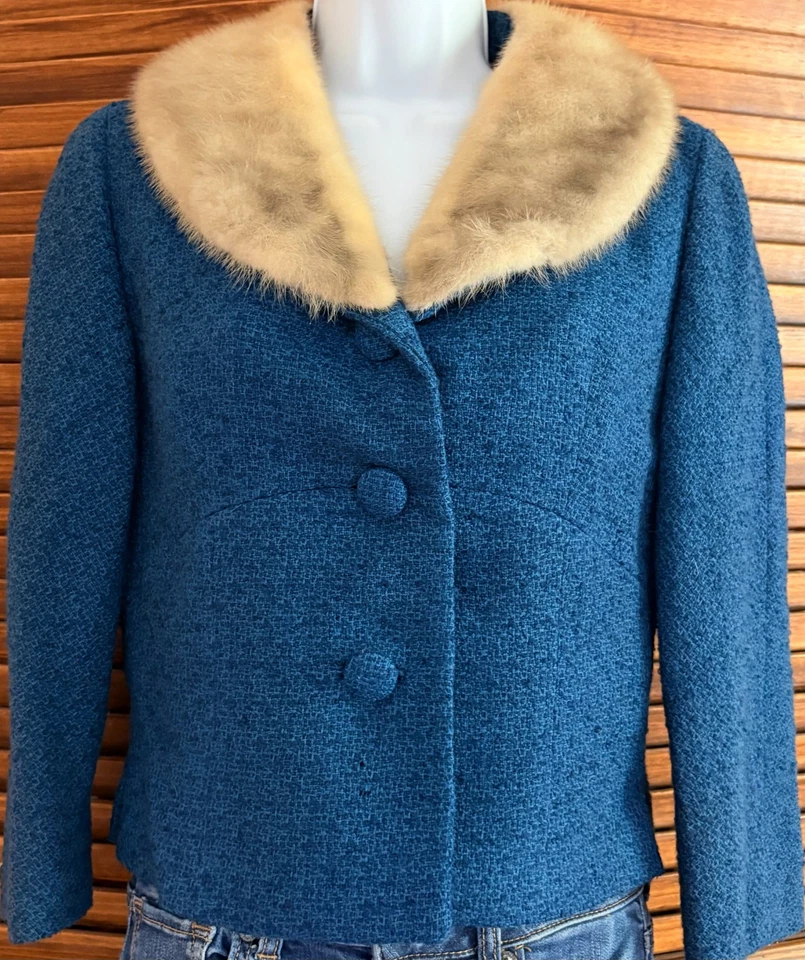 Vintage Zelinka Matlick Peacock Blue Wool Short Coat with Fur Trim Size M - Image 2 of 4